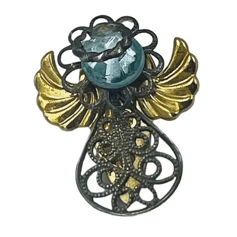 Christmas Angel Brooch Pin Signed S.E. 2002 Metal Filigree Rhinestone Gold Silve